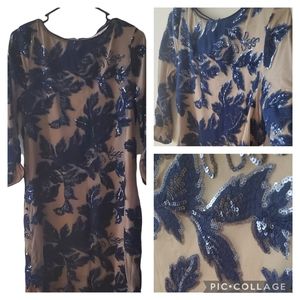 Luxology floral embroidered sequin shift dress size 10 NWT blue and tan